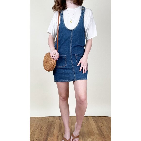 Vintage Dresses & Skirts - Vintage Overall Mini Dress Denim Jean Casual Western Hippie Boho Cowgirl Coastal